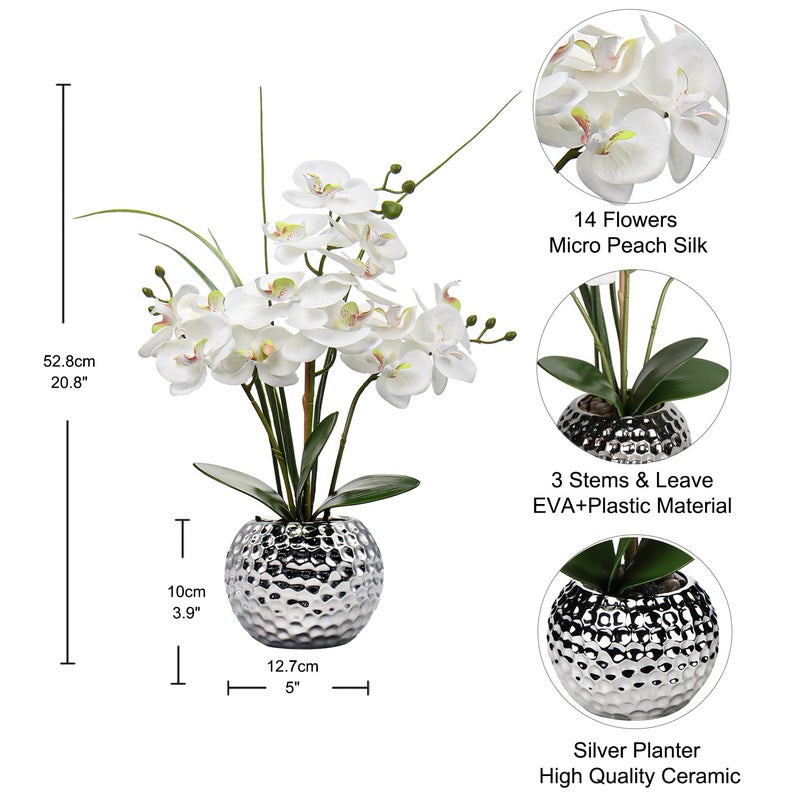 ND Orchids Artificial Flowers 20.8'' Faux Orchid Flower Arrangement Fake Orchid White Flower with Silver Ceramic Vase Phalaenopsis Orchid for Home Office Bathroom Table Centerpieces Decor, Briful - Image 2